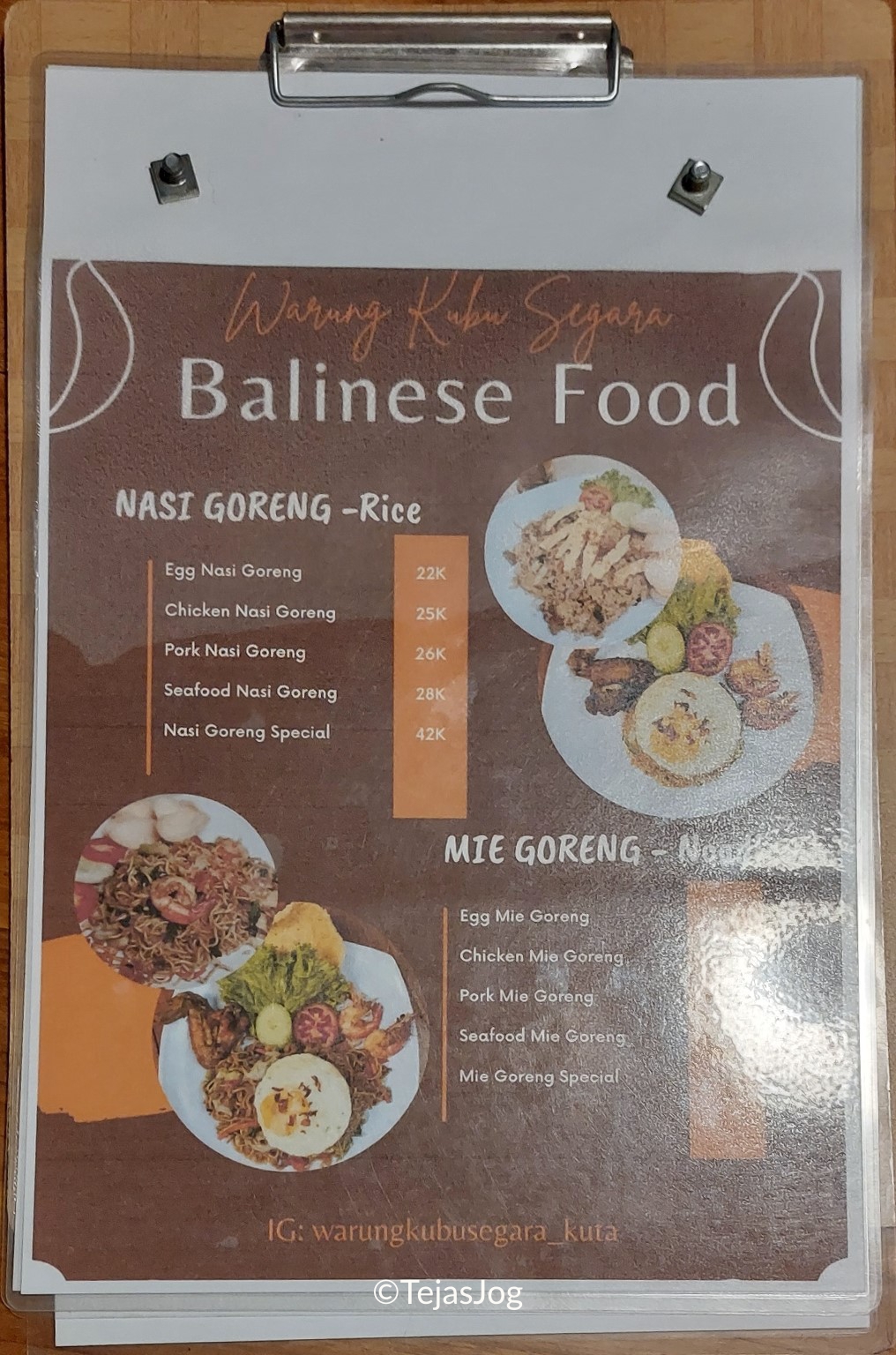 Menu at Warung Kubu Segara Kuta