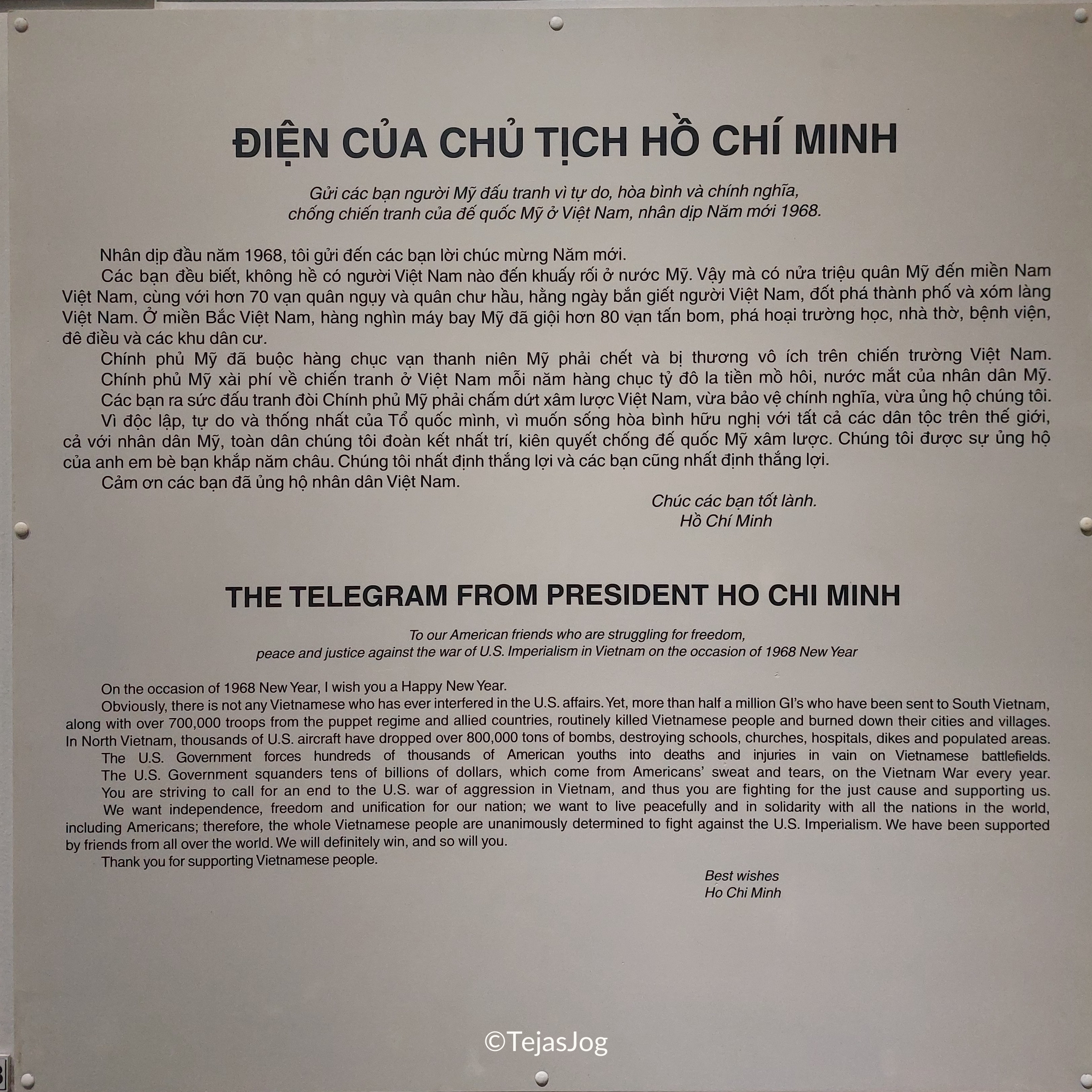 A 1968 telegram from President Ho Chi Minh to the American people
