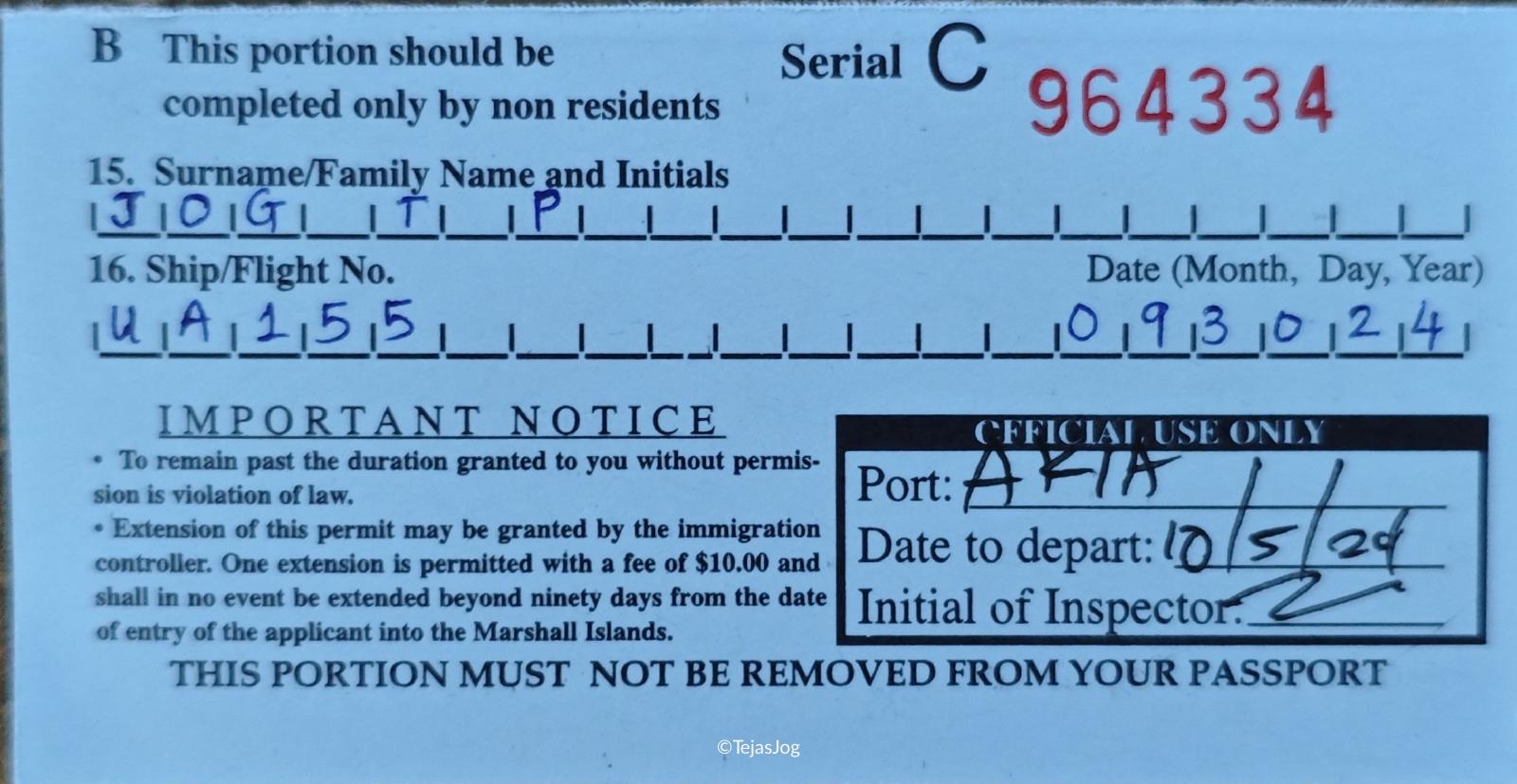 Immigration card for Marshall Islands Immigration card for Marshall Islands