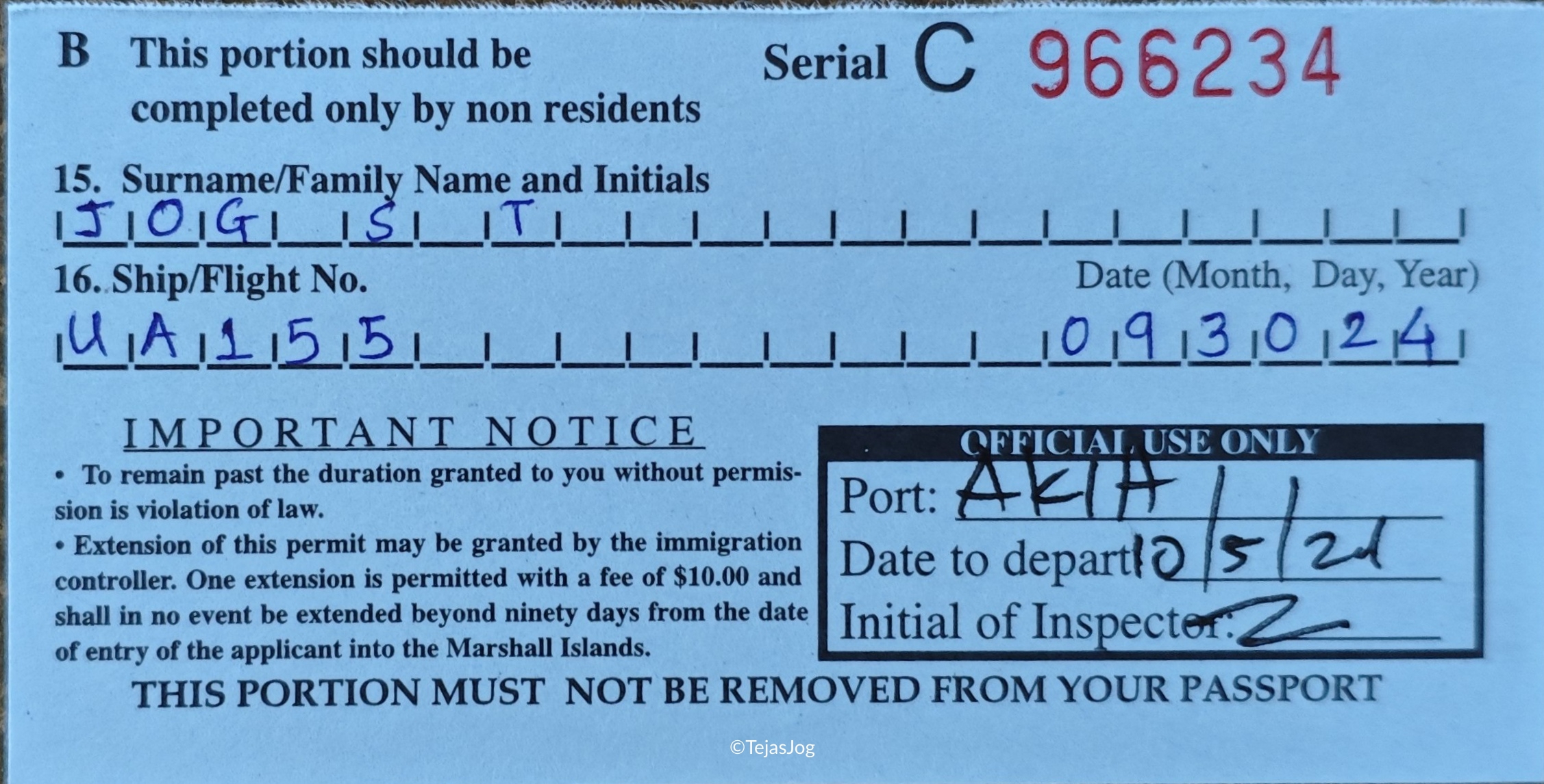 Immigration card for Marshall Islands
