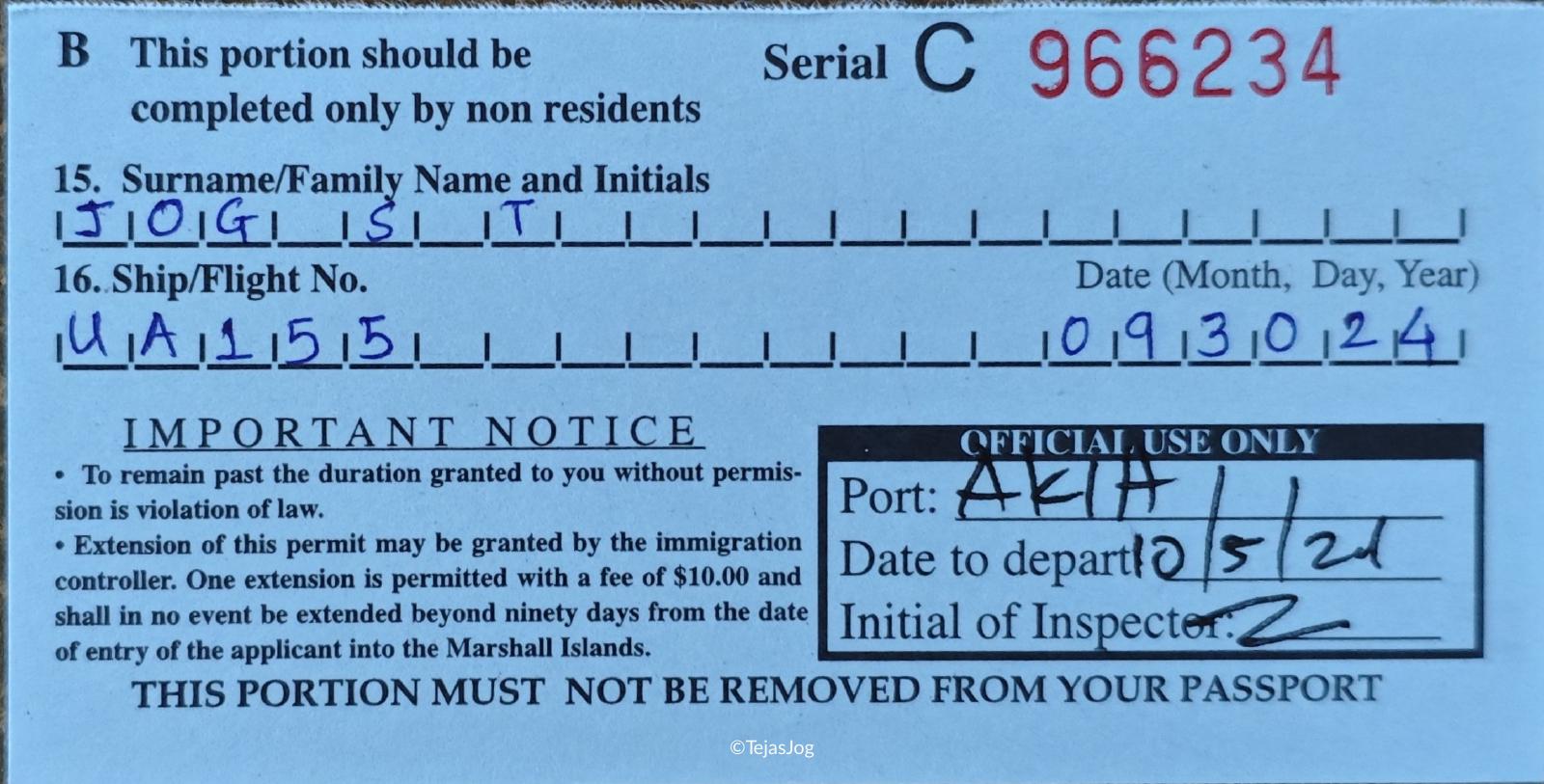 Immigration card for Marshall Islands Immigration card for Marshall Islands