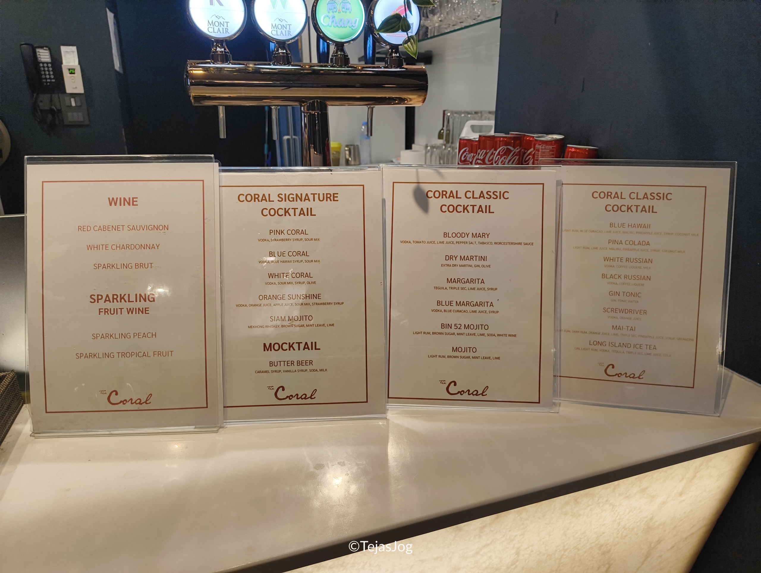 Bar menu at Coral Lounge Bar menu at Coral Lounge