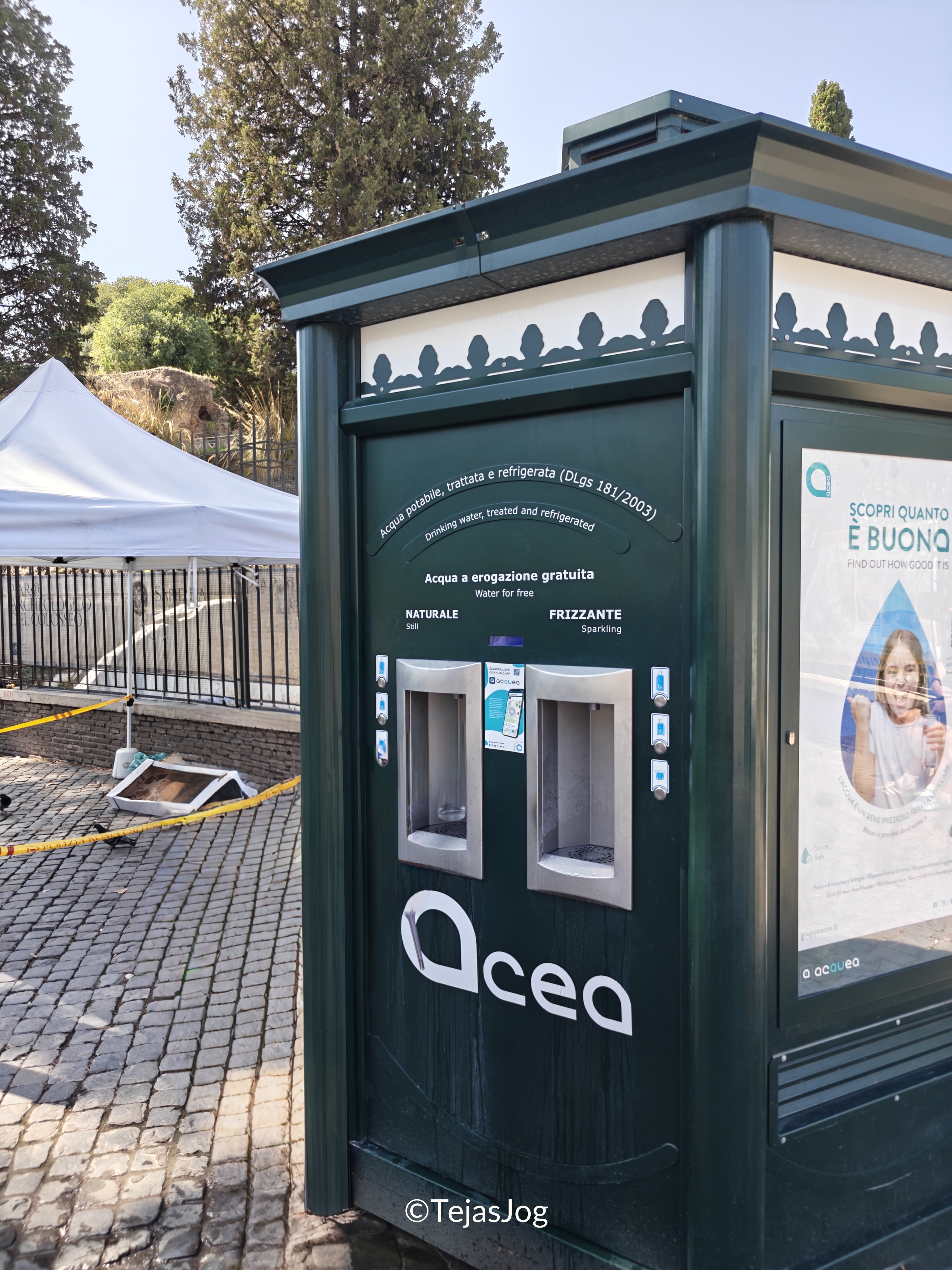 Kiosk dispensing cold still and sparkling water for free Kiosk dispensing cold still and sparkling water for free