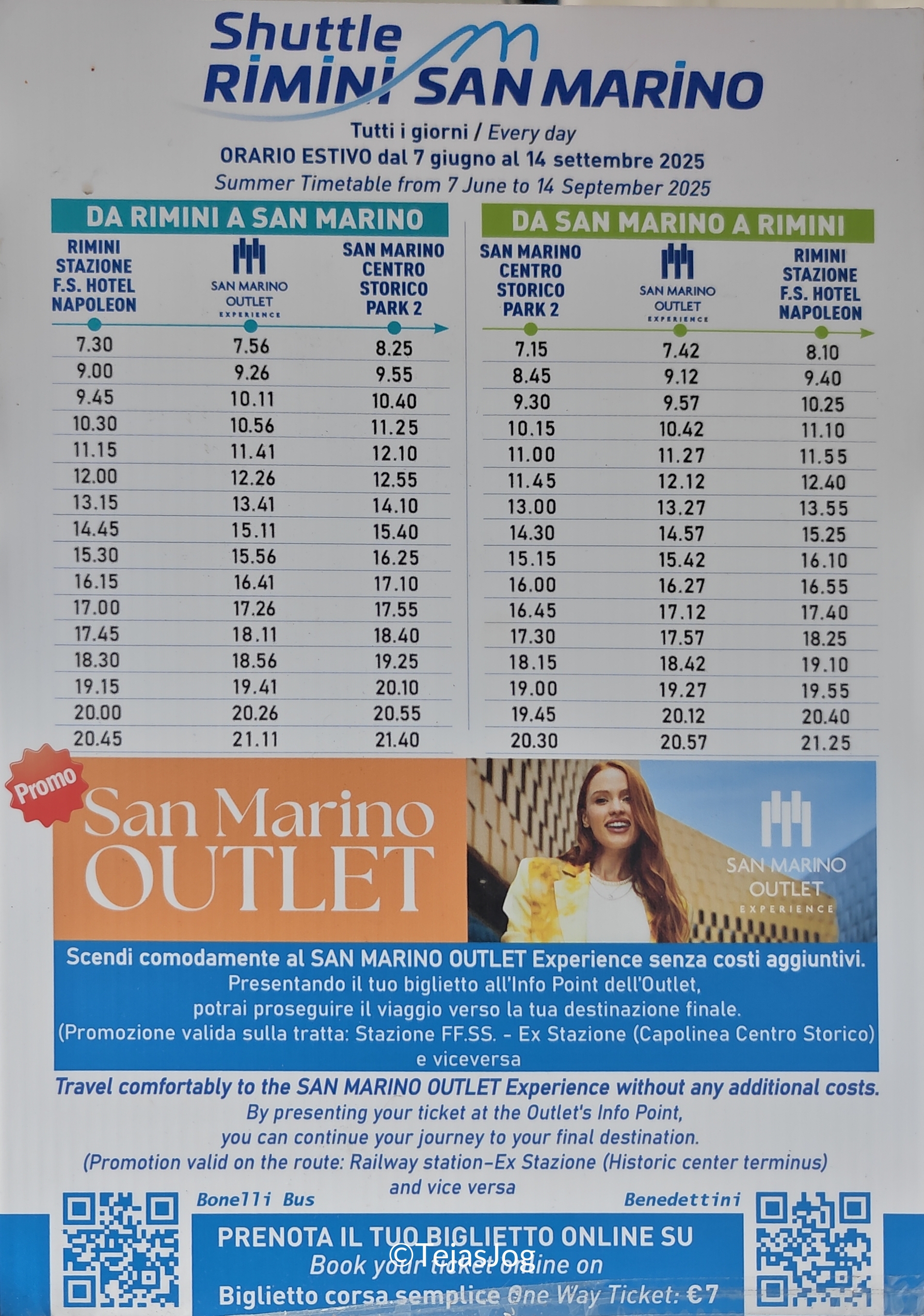 Timetable for Rimini San Marino shuttle